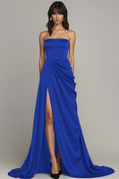 Load image into Gallery viewer, Peacock A Line Strapless Maxi Satin Formal Dress with Slit