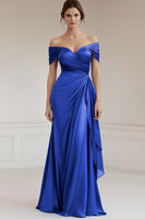 Load image into Gallery viewer, Peacock Sheath Satin Off the Shoulder Maxi Formal Dress