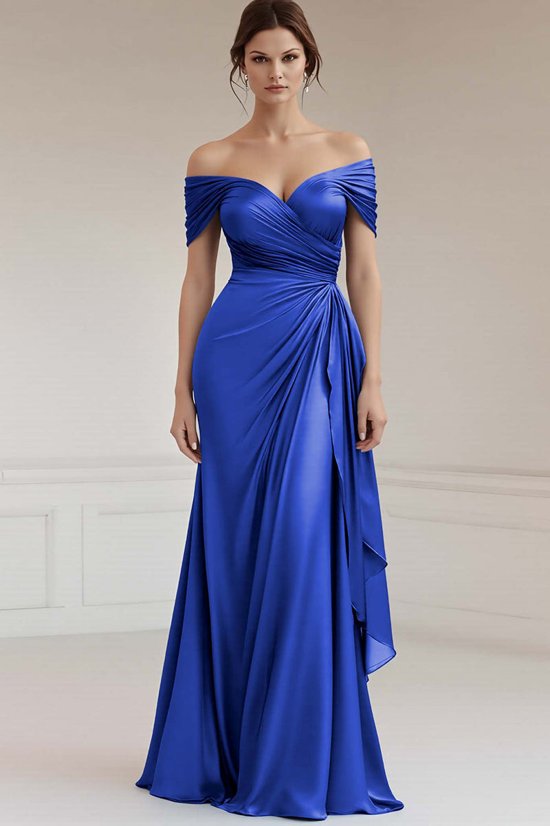 Load image into Gallery viewer, Peacock Sheath Satin Off the Shoulder Maxi Formal Dress