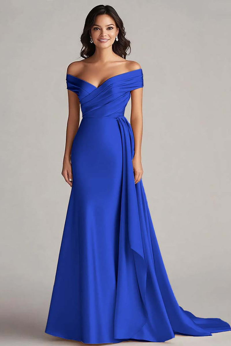 Load image into Gallery viewer, Peacock Mermaid Satin Off the Shoulder Maxi Formal Dress