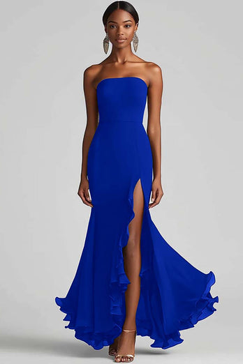 Royal Blue Strapless Sheath Maxi Chiffon Formal Dress with Slit