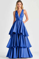 Load image into Gallery viewer, Fuchsia V-Neck Tiered Tiered Satin Long Formal Dress