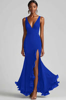 Load image into Gallery viewer, Ink Blue Chiffon Spaghetti Straps Ruffled Long Formal Dress with Slit
