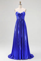 Load image into Gallery viewer, Gold Pleated Metallic Strapless A Line Long Prom Dress
