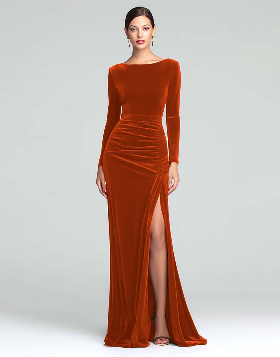 Load image into Gallery viewer, Burgundy Boat Neck Ruched Velvet Long Sleeves Holiday Party Dress