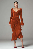 Load image into Gallery viewer, Burgundy Mermaid Ruched Velvet Holiday Party Dress with Ruffles