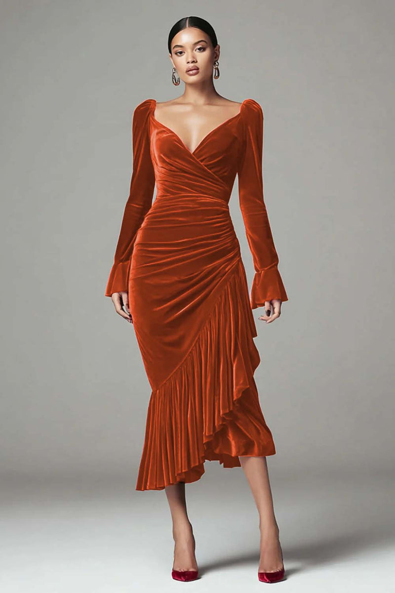 Load image into Gallery viewer, Burgundy Mermaid Ruched Velvet Holiday Party Dress with Ruffles