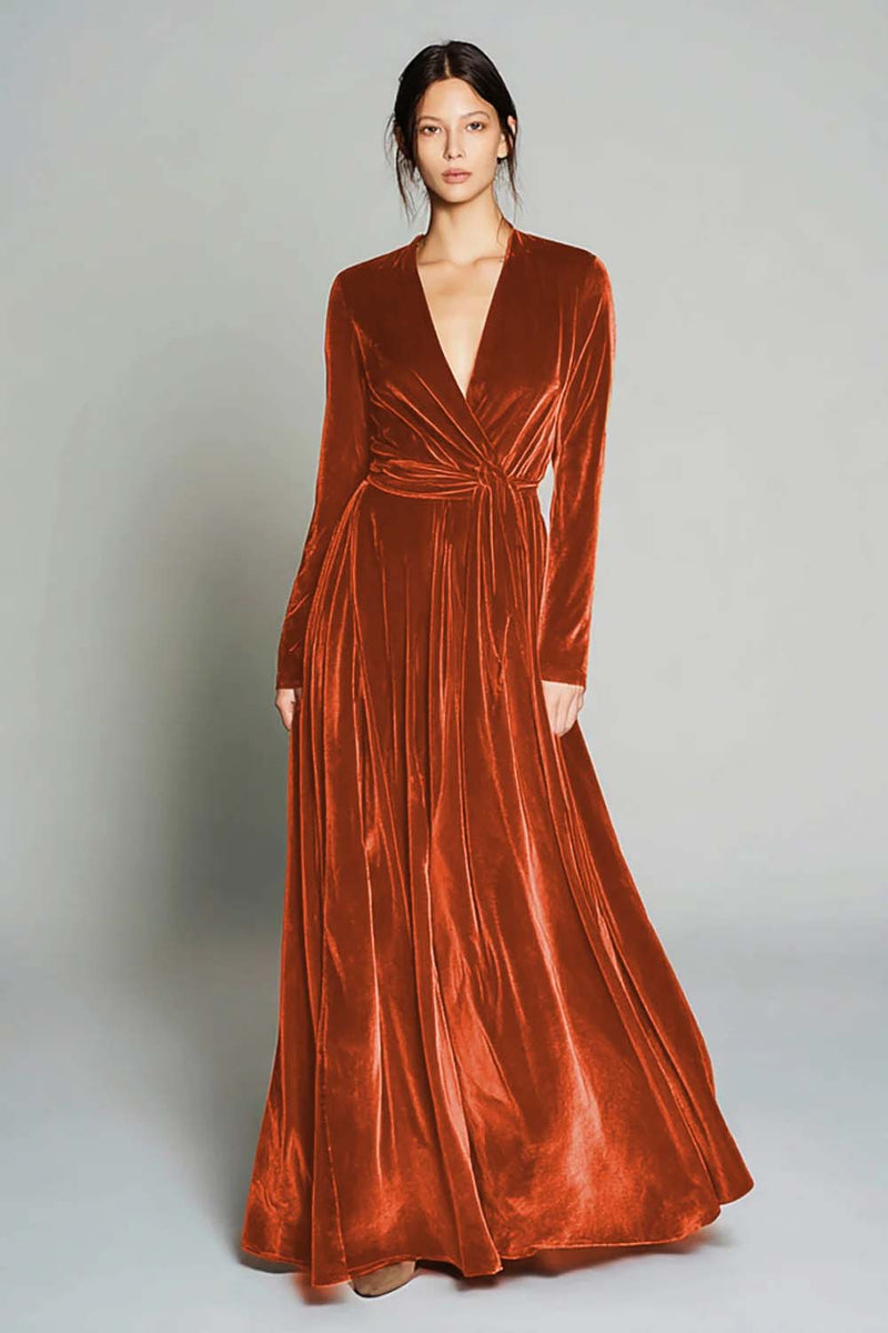 Load image into Gallery viewer, Brown Pleated Velvet A Line Long Sleeves Holiday Party Dress