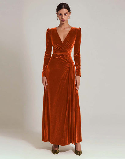 Olive A Line V-Neck Velvet Long Holiday Party Dress with Sleeves