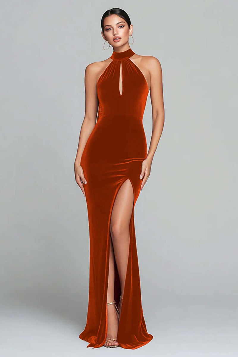 Load image into Gallery viewer, Burgundy Velvet Halter Keyhole Mermaid Maxi Holiday Party Dress with Slit