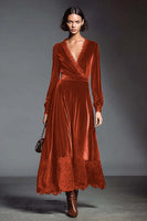 Load image into Gallery viewer, Coffee V-Neck Long Sleeves Velvet Holiday Party Dress with Lace