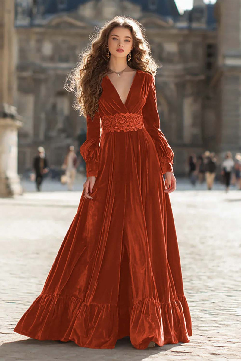 Load image into Gallery viewer, Brown A Line Maxi Velvet Holiday Party Dress with Sleeves