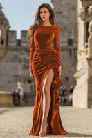 Load image into Gallery viewer, Caramel Velvet Ruffled Maxi Mermaid Holiday Party Dress with Slit