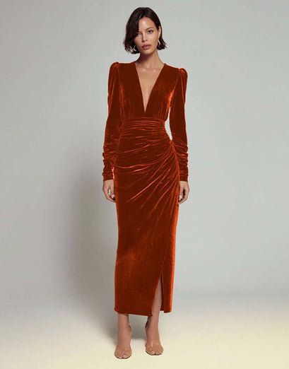 Olive Sheath Deep V-Neck Velvet Long Holiday Party Dress with Sleeves