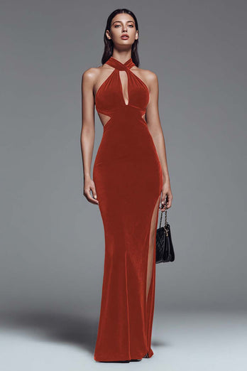 Dark Green Cut Out Mermaid Velvet Long Holiday Party Dress with Slit