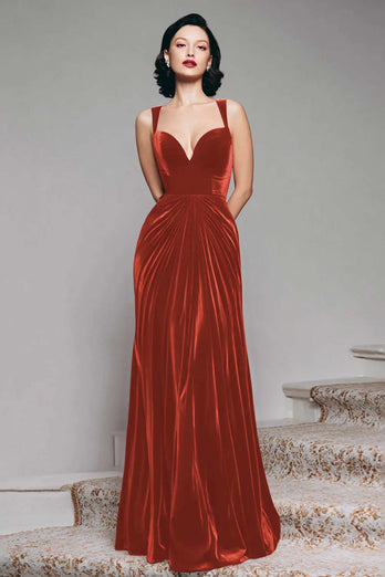 Burgundy Mermaid Velvet Thick Straps Ruched Long Holiday Party Dress