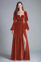 Load image into Gallery viewer, Burgundy A-Line Puff Sleeves Velvet Long Holiday Party Dress with Slit