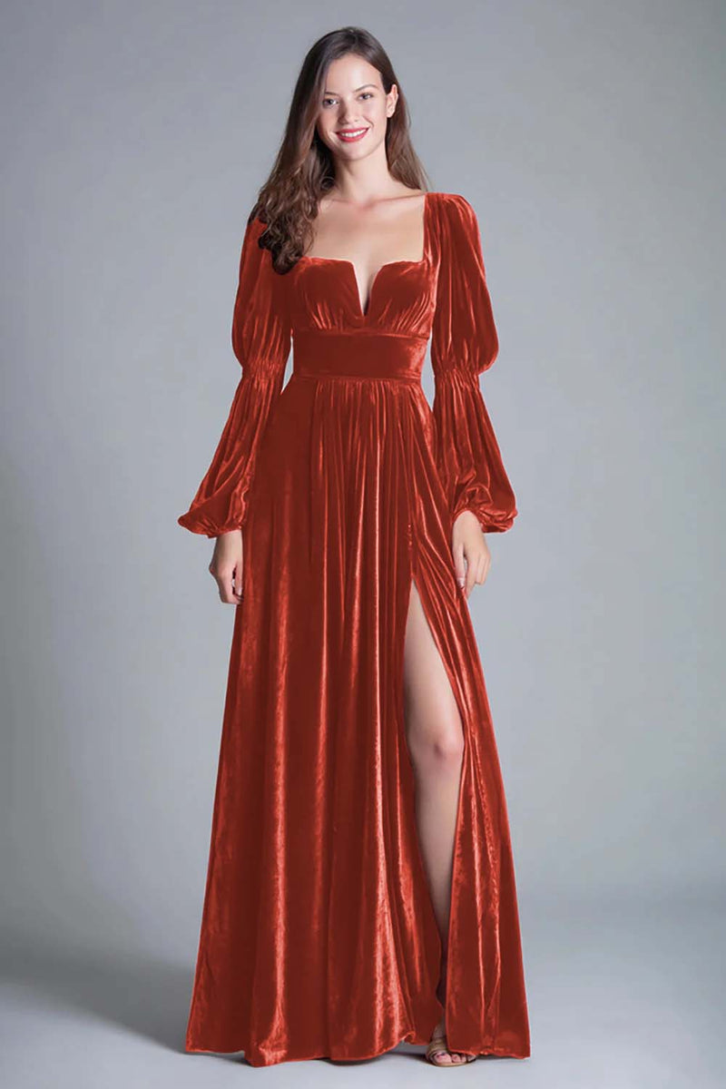 Load image into Gallery viewer, Burgundy A-Line Puff Sleeves Velvet Long Holiday Party Dress with Slit