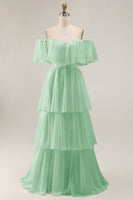 Load image into Gallery viewer, White Chiffon Off the Shoulder Tiered Boho Sweep Train Wedding Dress