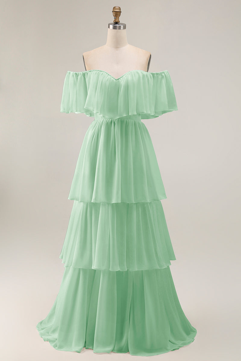 Load image into Gallery viewer, White Chiffon Off the Shoulder Tiered Boho Sweep Train Wedding Dress