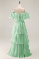 Load image into Gallery viewer, White Chiffon Off the Shoulder Tiered Boho Sweep Train Wedding Dress