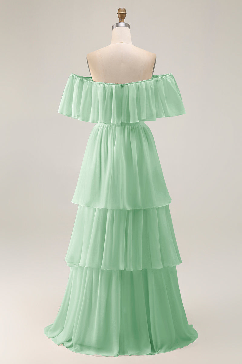 Load image into Gallery viewer, White Chiffon Off the Shoulder Tiered Boho Sweep Train Wedding Dress