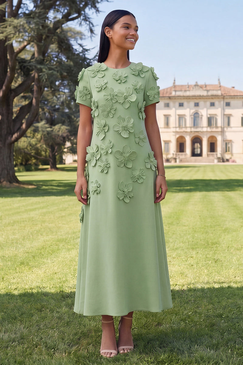 Load image into Gallery viewer, Dark Green A Line Floral Round Neck Maxi Formal Dress with Sleeves