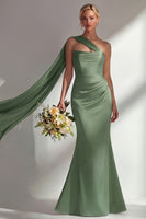 Load image into Gallery viewer, Burgundy Mermaid Neck Scarf Satin Ruched Long Prom Dress
