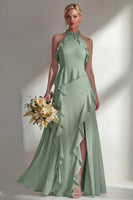Load image into Gallery viewer, A Line High Neck Butter Yellow Ruffled Long Beach Wedding Guest Dress with Slit