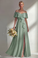 Load image into Gallery viewer, Off the Shoulder Ruffled A Line Burgundy Long Beach Wedding Guest Dress with Slit