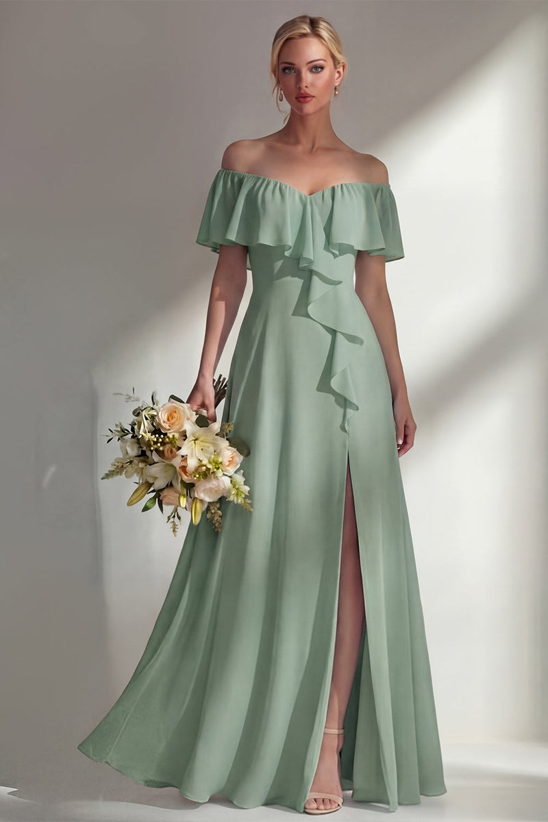 Load image into Gallery viewer, Off the Shoulder Ruffled A Line Burgundy Long Beach Wedding Guest Dress with Slit