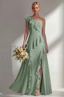 Load image into Gallery viewer, Mint One shoulder Ruffled A Line Long Beach Wedding Guest Dress with Slit