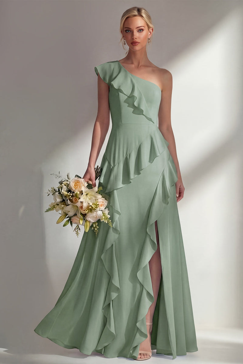 Load image into Gallery viewer, Mint One shoulder Ruffled A Line Long Beach Wedding Guest Dress with Slit