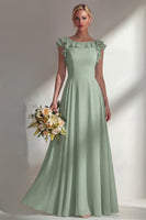 Load image into Gallery viewer, Emerald Boat Neck A Line Long Beach Wedding Guest Dress with Ruffles