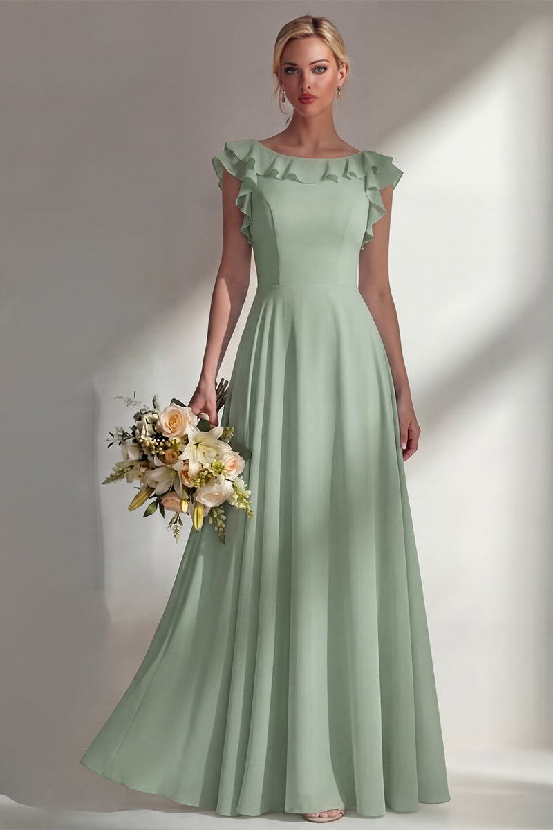 Load image into Gallery viewer, Emerald Boat Neck A Line Long Beach Wedding Guest Dress with Ruffles