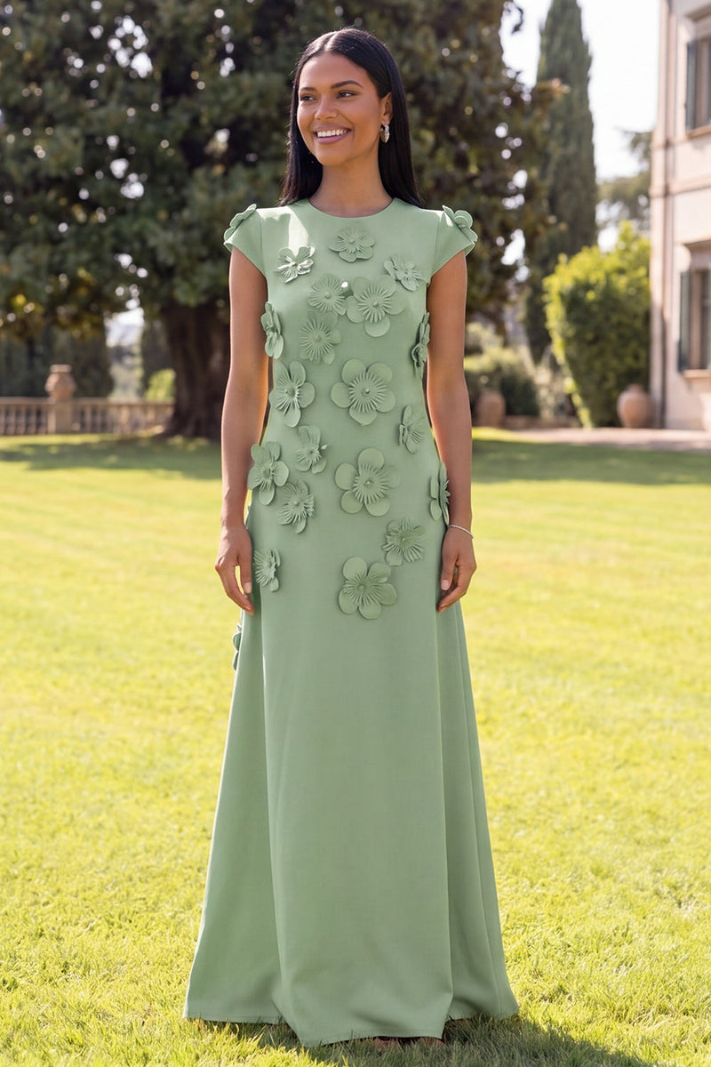 Load image into Gallery viewer, Black Floral A Line Round Neck Long Formal Dress with Sleeves