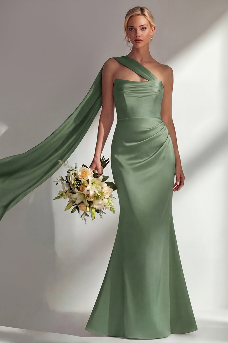 Load image into Gallery viewer, Burgundy Mermaid Neck Scarf Satin Ruched Long Prom Dress