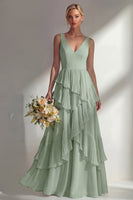 Load image into Gallery viewer, V-Neck Lilac A Line Long Beach Wedding Guest Dress with Ruffles