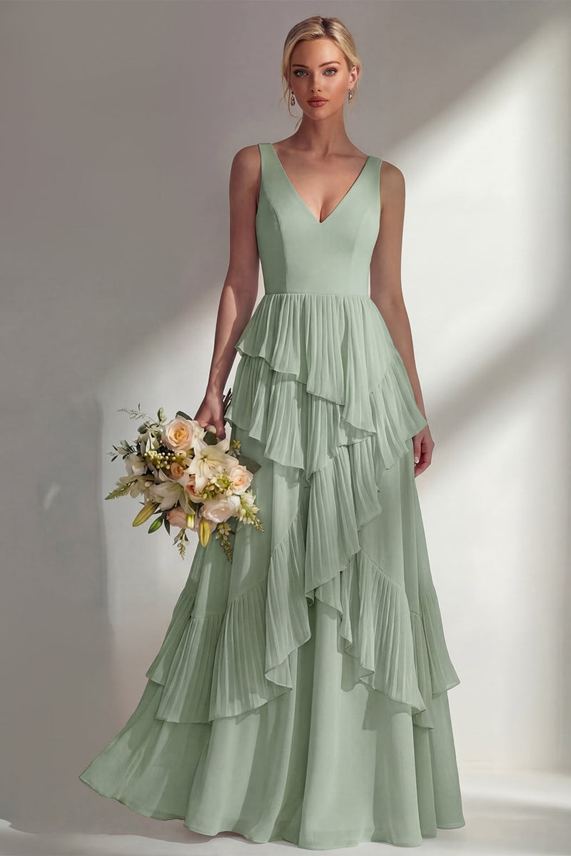 Load image into Gallery viewer, V-Neck Lilac A Line Long Beach Wedding Guest Dress with Ruffles