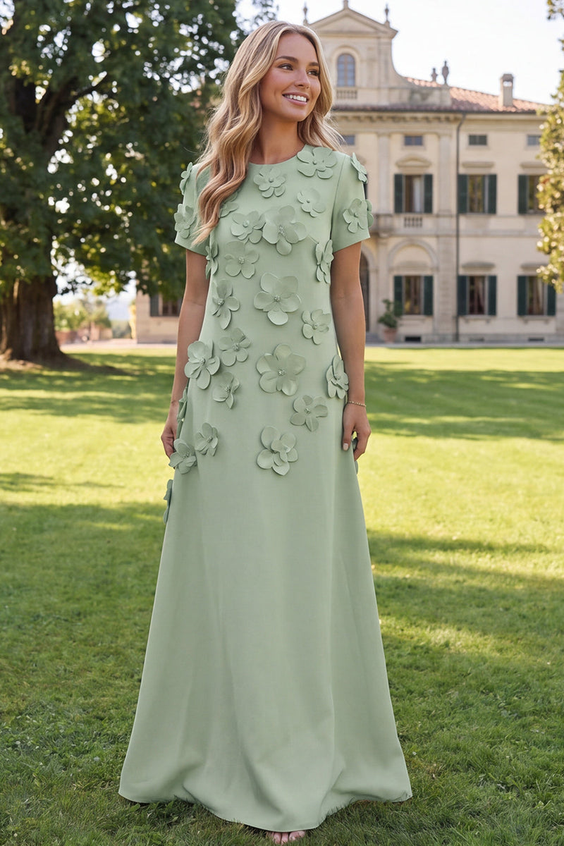 Load image into Gallery viewer, Round Neck Blue Floral A Line Long Formal Dress with Sleeves