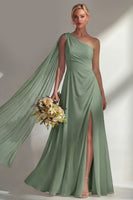 Load image into Gallery viewer, Burgundy One Shoulder Ruched A Line Long Beach Wedding Guest Dress with Side Cape