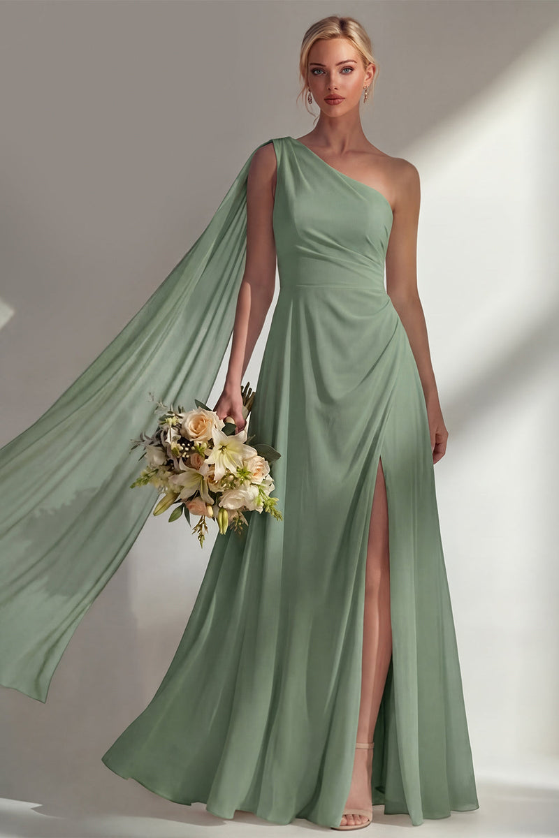 Load image into Gallery viewer, Burgundy One Shoulder Ruched A Line Long Beach Wedding Guest Dress with Side Cape