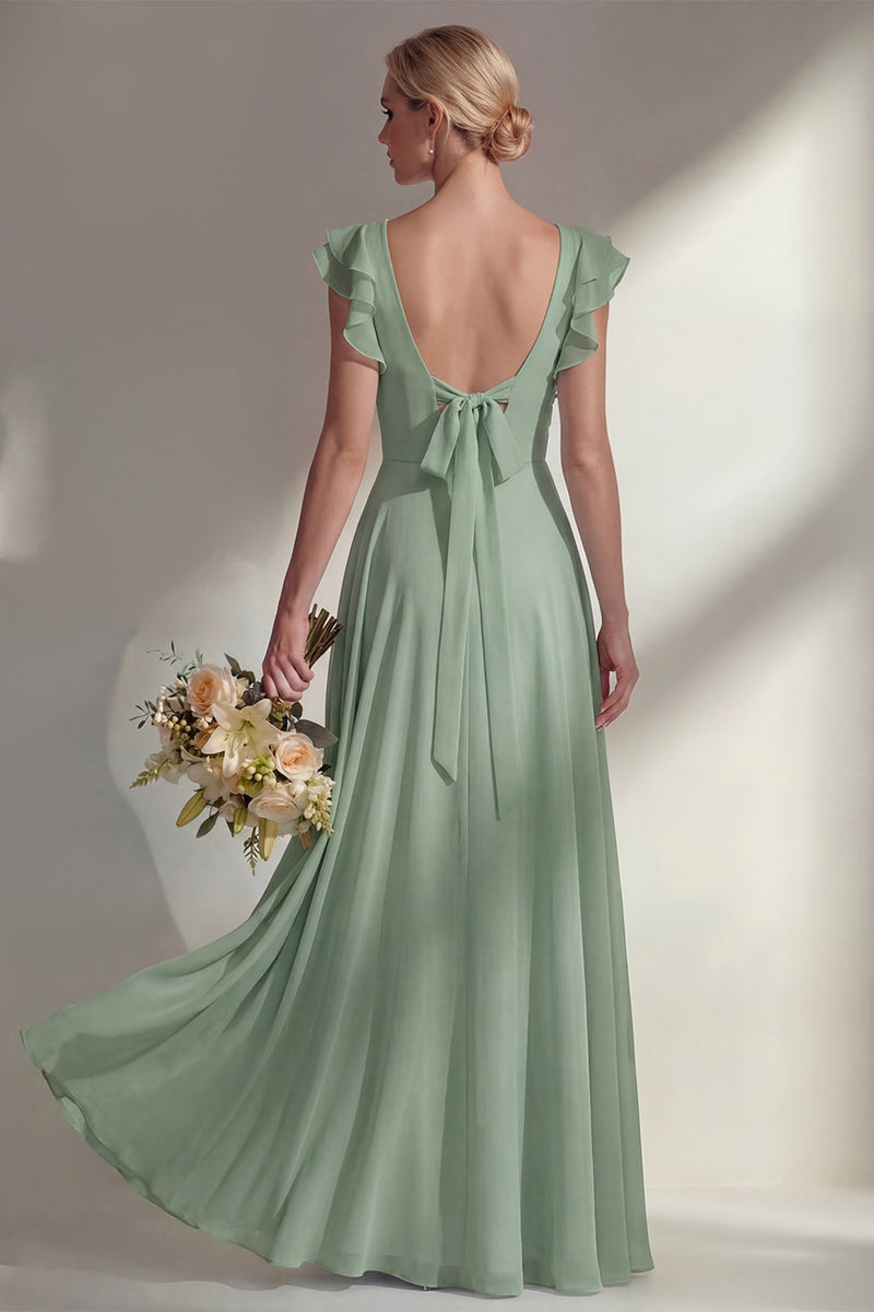 Load image into Gallery viewer, Emerald Boat Neck A Line Long Beach Wedding Guest Dress with Ruffles