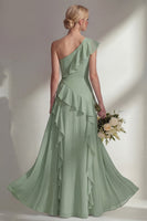 Load image into Gallery viewer, Mint One shoulder Ruffled A Line Long Beach Wedding Guest Dress with Slit