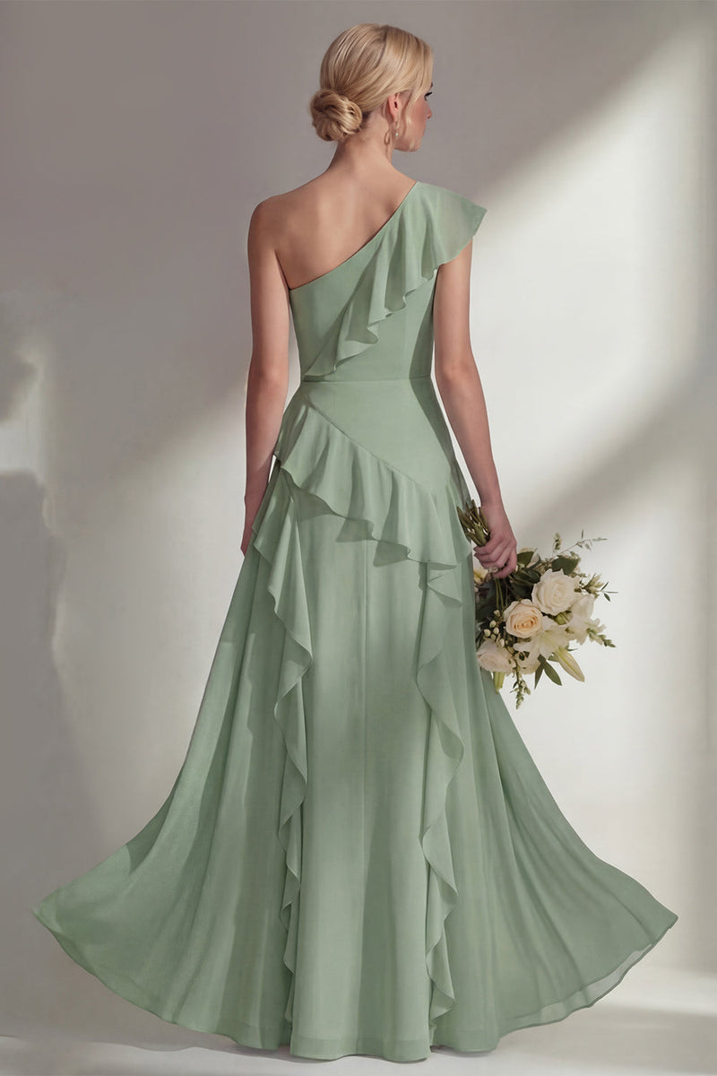 Load image into Gallery viewer, Mint One shoulder Ruffled A Line Long Beach Wedding Guest Dress with Slit