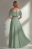 Load image into Gallery viewer, Off the Shoulder Ruffled A Line Burgundy Long Beach Wedding Guest Dress with Slit
