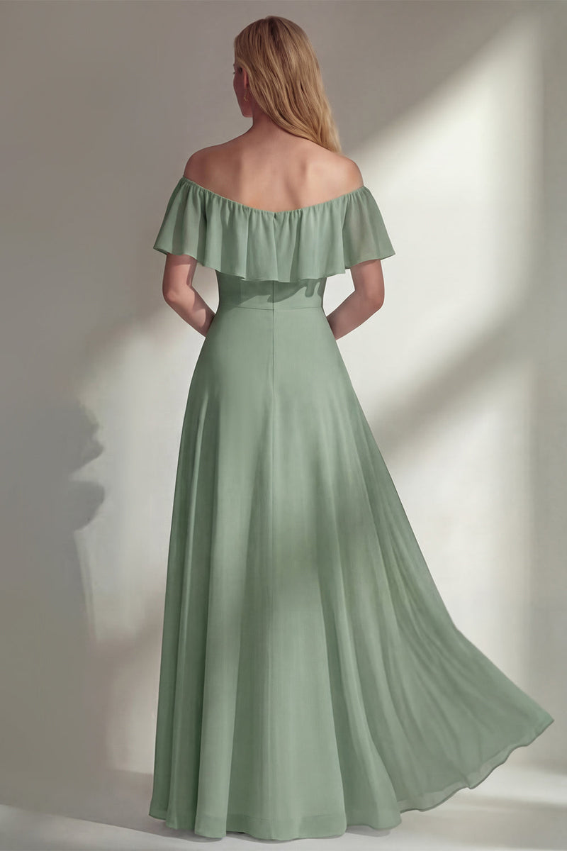 Load image into Gallery viewer, Off the Shoulder Ruffled A Line Burgundy Long Beach Wedding Guest Dress with Slit