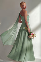 Load image into Gallery viewer, Burgundy One Shoulder Ruched A Line Long Beach Wedding Guest Dress with Side Cape