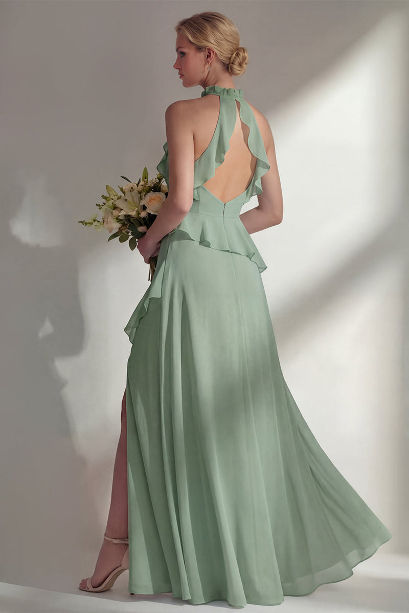 Load image into Gallery viewer, A Line High Neck Butter Yellow Ruffled Long Beach Wedding Guest Dress with Slit
