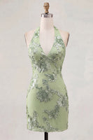 Load image into Gallery viewer, Light Blue Halter Floral Tight Backless Short Prom Dress